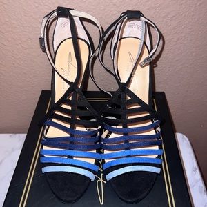 Daya by Zendaya Blue/Black Open Strappy Open Toe Heels Faux Suede Size 6 1/2